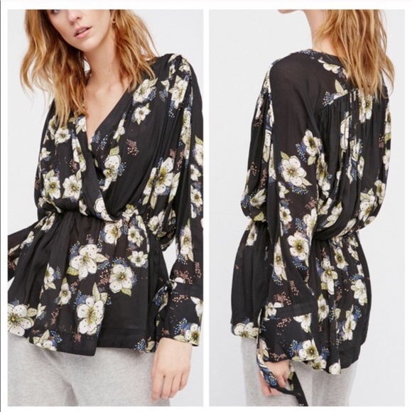 Free People Tops - Free People black floral long sleeve blouse small